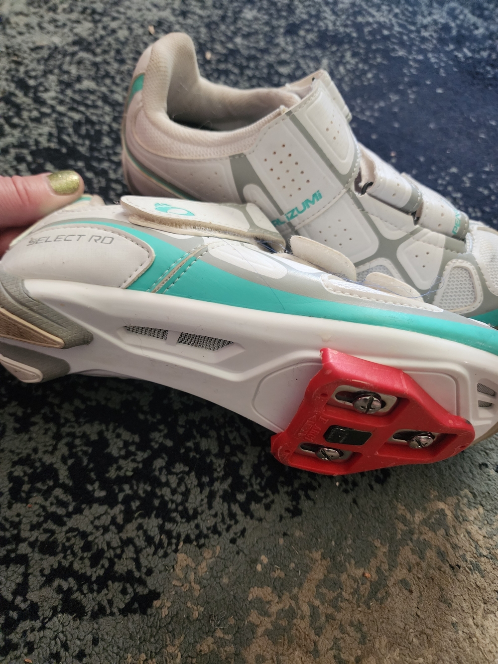 Pearl Izumi White Teal Women's Cycling Shoes with Red Cleats